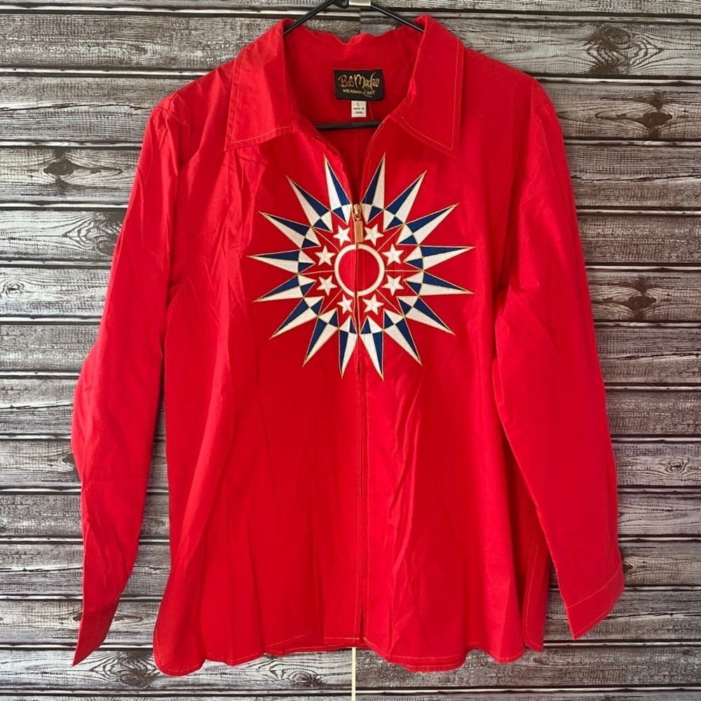 Bob Mackie Women's Full-Zip Long-Sleeved Top Jacket Size L Red Embroidered NWT